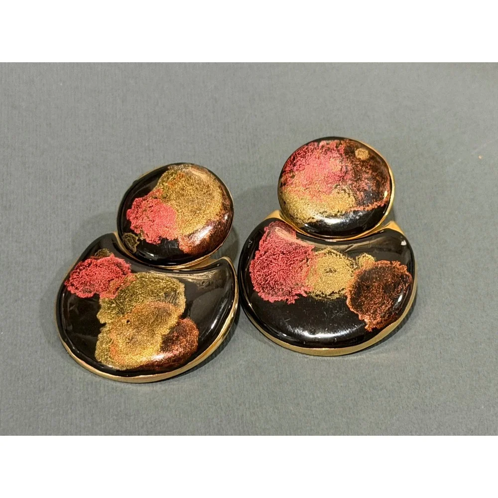 Vintage Enamel Articulated Drop Earrings Black Multi Color Gold Tone 80s Retro